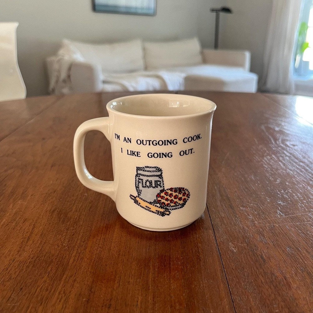 Vintage Outgoing Cook Coffee Mug Funny Baking Cross Stitch Graphic Retro Ceramic